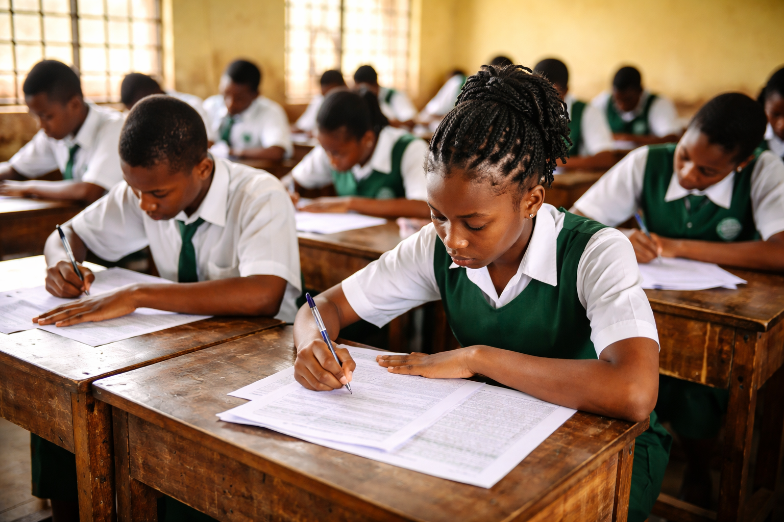 Students writing exams in a classroom